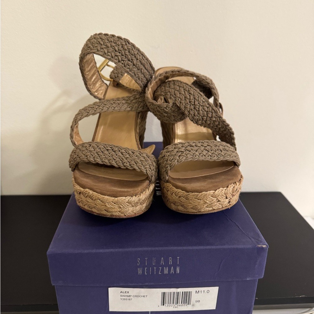 Stuart Weitzman Women's Brown Wedge Sandals ALEX SWAMP CROCHET Size 11